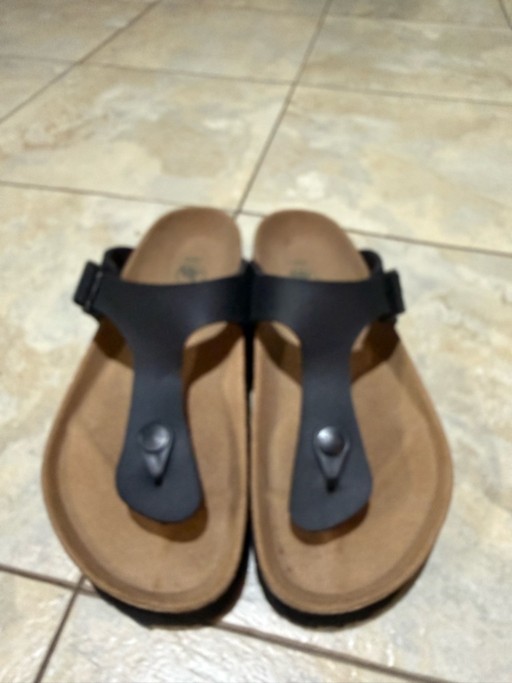 Papillio Black Leather Thong Sandals with Tan Footbed
